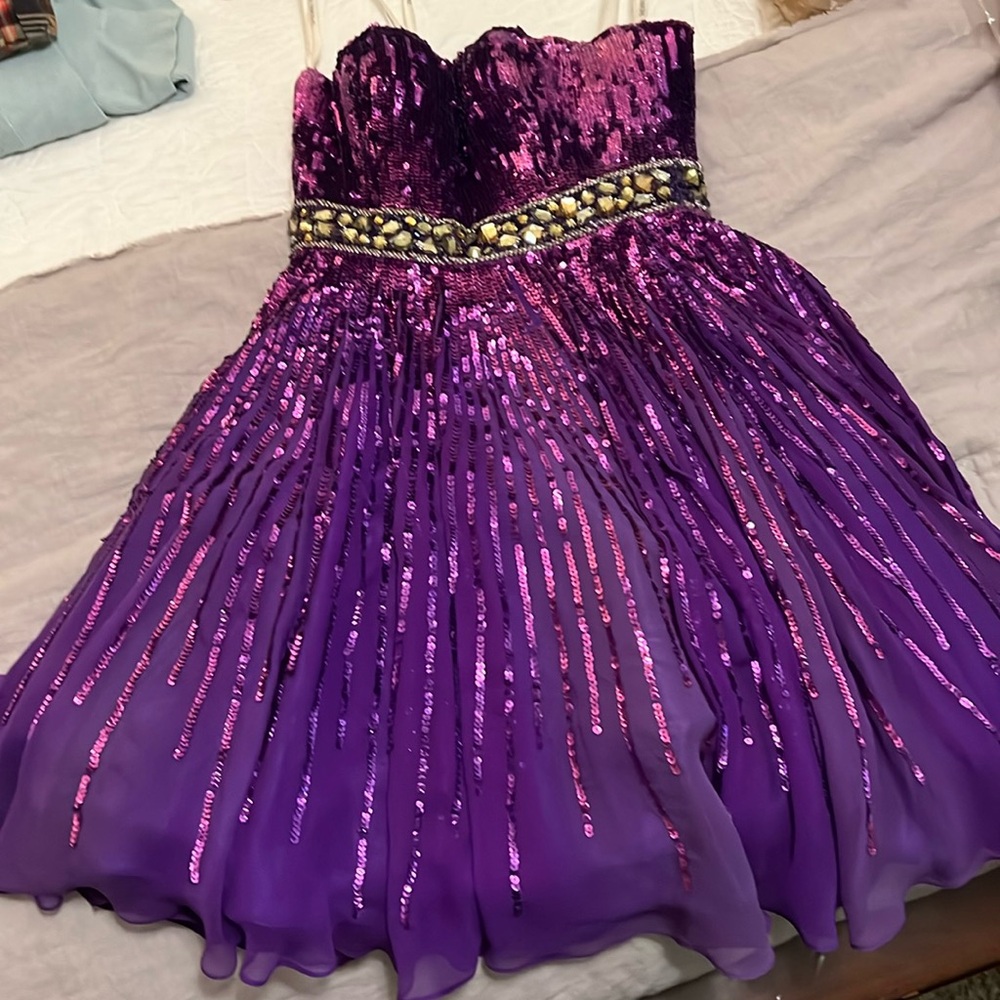 Sherri Hill Purple Strapless Sequined Cocktail Dress Sz 0